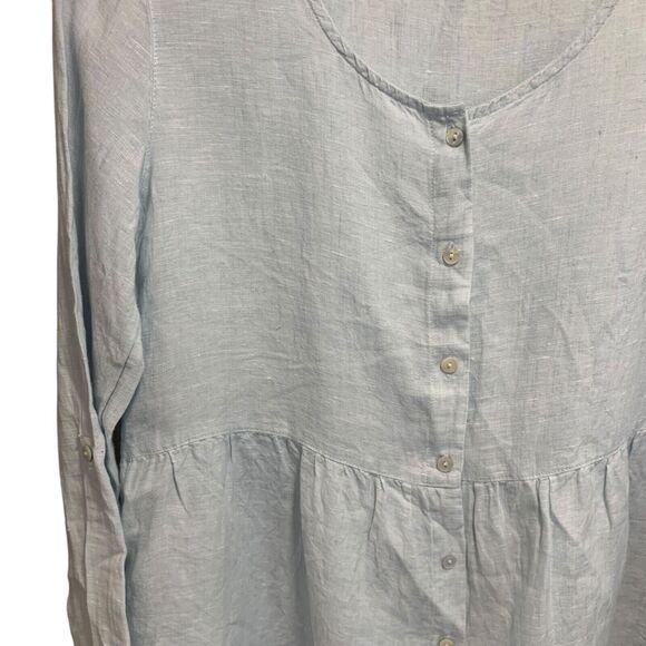 Sigrid Olsen Womens Blue Linen Roll Sleeve Tab Button Up Shirt S Beach Coastal - Picture 2 of 5